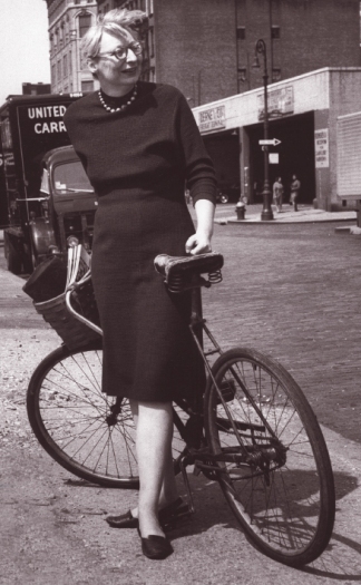 Jane Jacobs near her home in New York City. Photo: http://bikenyc.org/blog/bike-hero-pantheon-jane-jacobs