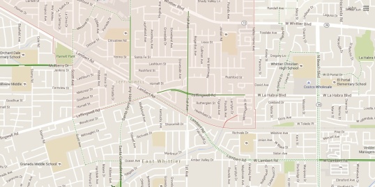 Whittier, CA: some bike lanes, but mostly incomplete streets. 